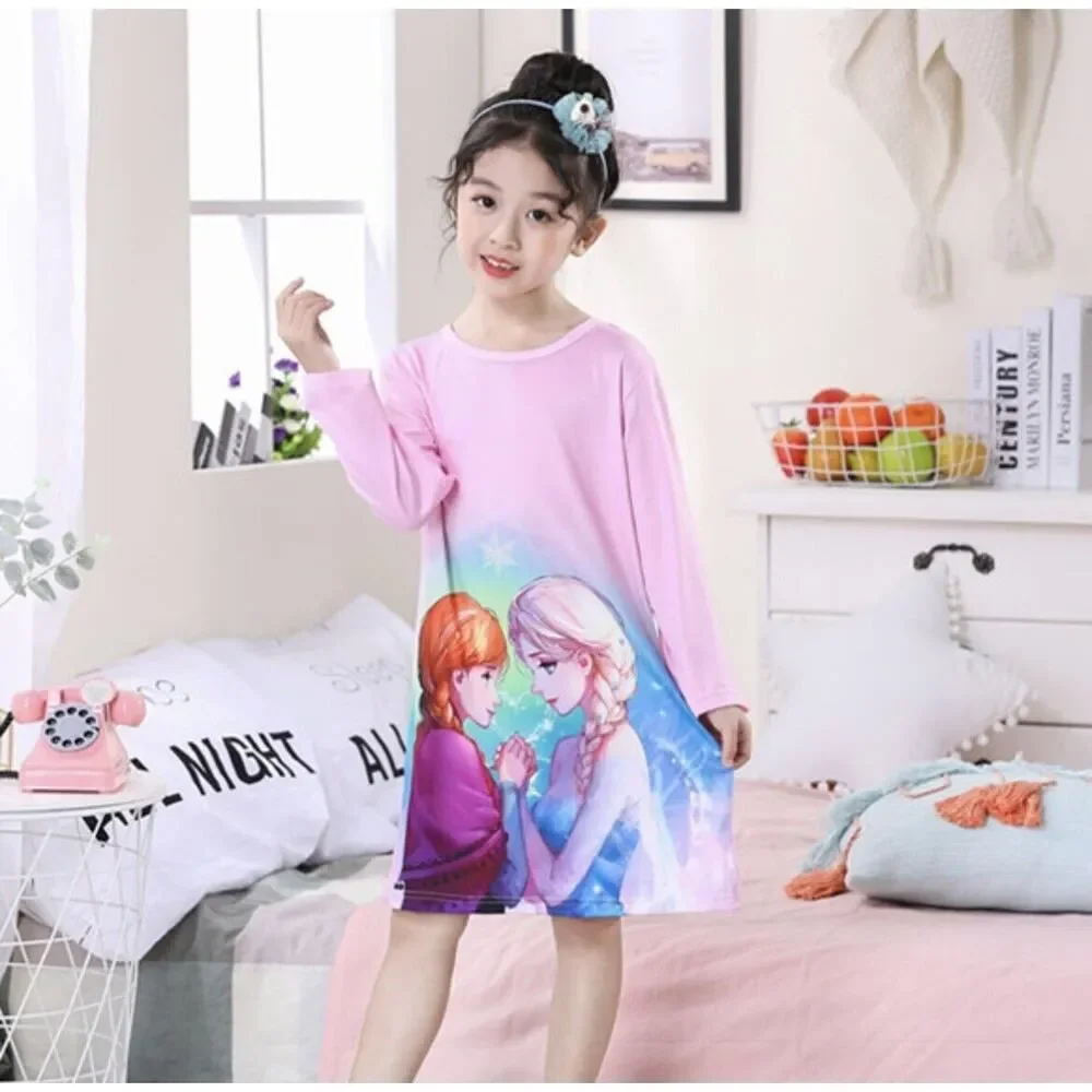 Long Sleeve Lightweight Pink Anime Frozen Anna Elsa Night Gown Girls Pajamas 6